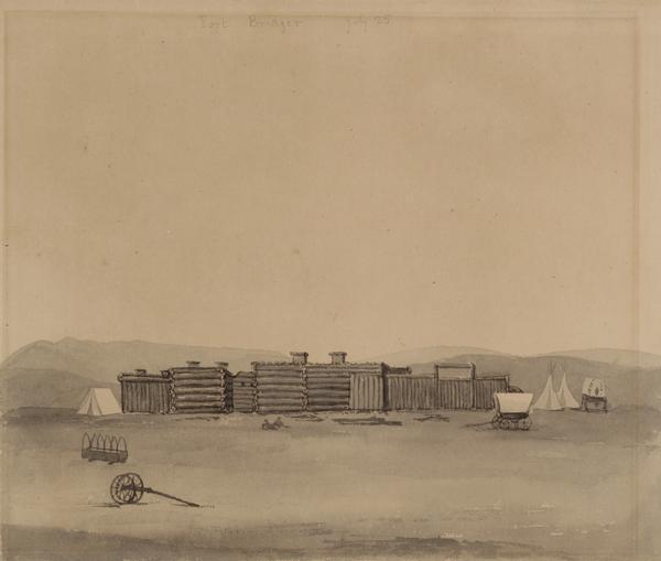 Fort Bridger in Wyoming, with wagon parts and teepees, where Wilkins camped for a night; sketched by Wilkins on his 151-day journey from Missouri to California on the Overland Trail (also known as the Oregon Trail).
Wilkins writes in his diary: "Camped near Fort Bridger this evening. This is merely a few log houses built in a square and it is a trading post belonging to the American Fur Company. A few goods are kept for sale here at most exorbitant prices 25 cents for a small box of matches and 25 cents for a drink of whiskey. There are here 20 or 30 families of mountaineers principally Canadian-French married to Indian women and living in tents of skins."