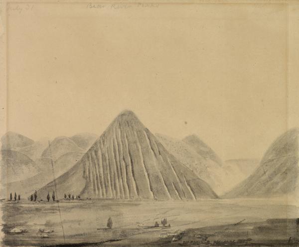 Bear River Peaks in Utah; sketched by Wilkins on his 151-day journey from Missouri to California on the Overland Trail (also known as the Oregon Trail).
Wilkins writes in his diary: "We crossed yesterday the dividing ridge between Green River and Bear River Valley. The day proved windy and smoky, so that our view from the summit was somewhat marred. This is the highest ridge in the route except the Sierra Nevada. The country seemed a succession of ridges or high hills generally bare of vegetation on the crowns, with short brown bunch grass on the sides, while the valleys meandering here and there between the hills had a line of more brillinat green. This monotony was broken in places by patches of Cedar trees in the ravines and steep slope. Sometimes a hill would be cut in two as it rose and one half carried off. The precipice presented in this case either rock or a steep sandy slope. These faded away in the distance, till the rugged outlines could be seen one over another like waves, while the base was lost in azure."