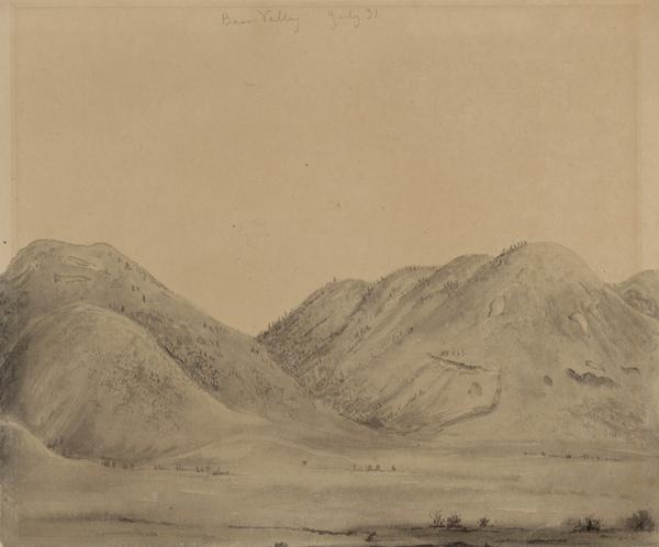 Bear Valley in Utah; sketched by Wilkins on his 151-day journey from Missouri to California on the Overland Trail (also known as the Oregon Trail).<p>Wilkins writes in his diary: "We are now continuing up Bear River, a beautiful valley with plenty of grass, but scarce of timber, there being except in a few instances nothing but Willows on the border of the stream. But the bluffs on each side (or they may almost be called mountains they are so very high) are the finest I have seen; rich in color oweing to a kind of red clay that makes its appearance here and there thro' the scanty grass, diversified with small bushes and patches of Cedar...this morn we started at sunrise, being obliged to leave the river bottom, oweing to a cannion, and ascend and descend the mountain the steepest and longest ascent we have made on the route. I made a sketch of the descent on the other side, but oweing to the clouds of dust, it was anything but pleasant to sit sketching."