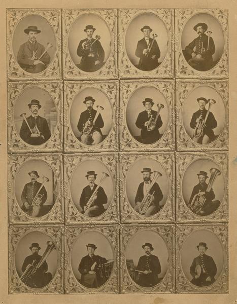 Composite of tintype portrait plates of the 1st Brigade, 3rd Division, 15th Army Corps Band.