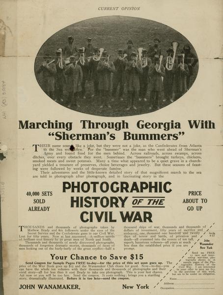 Ist Brigade, 3rd Division, 15th Army Corps Band shown in an advertisement in an issue of "Current Opinion" for "Photographic History of the Civil War".