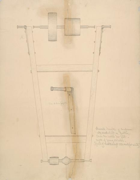 A John Muir sketch of a fancake draught of sawframe with crankshaft in position.  Scale two inches per foot.  Depth of frame 5 1/2 inches.  Speed of crankshaft 550 revolutions per minute.