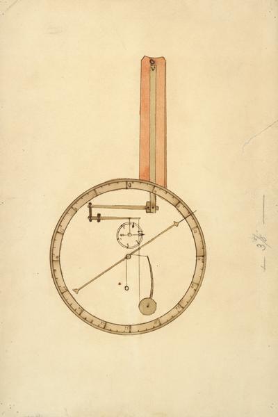 A sketch of a thermometer. Quoting from Muir's autobiography "My Boyhood and Youth" he described the thermometer as "made of an iron rod, about three feet long and five eighths of an inch in diameter, that had formed part of a wagon-box. The expansion and contraction of this rod was multiplied by a series of levers made of strips of hoop iron. The pressure of the rod against the levers was kept constant by a small counterweight, so that the slightest change in the length of the rod was instantly shown on a dial about three feet wide multiplied about thirty two thousand times. The zero-point was gained by packing the rod in wet snow. The scale was so large that the black hand on the white painted dial could be seen distinctly and the temperature read while we were ploughing in the field below the house. The extremes of heat and cold caused the hand to make several revolutions. The number of these revolutions was indicated on a small dial marked on the larger one. This thermometer was fastened on the side of the house, and was so sensitive that when any one approached it within four or five feet the heat radiated from the observer's body caused the hand of the dial to move so fast that the motion was plainly visible, and when he stepped back, the hand moved slowly back to its normal position. It was regarded as a great wonder by the neighbors and even by my own all-bible father".