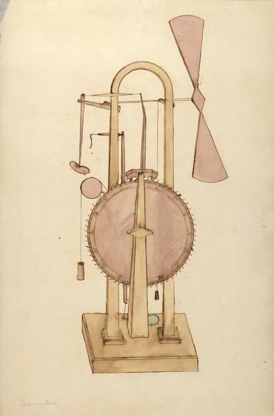 Watercolor illustration of a barometer designed by John Muir in his boyhood.