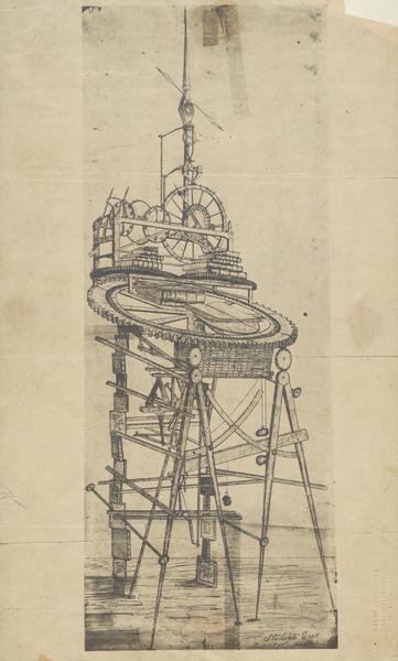 Drawing of John Muir's invention, the student desk clock, scale 3 inches per foot. The clock lighted his lamp and fire and opened the right book for him to study. At the end of half an hour it changed the book. The built clock resides in the lobby of the Wisconsin Historical Society.