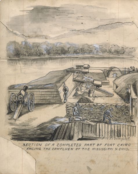 Drawing of a section of a completed part of Fort Cairo facing the confluen <i>[sic]</i> of the Mississippi and Ohio rivers.