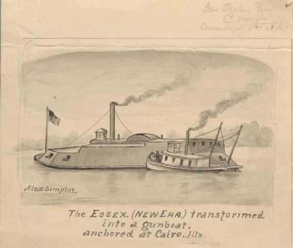 The "Essex" (New Era) transformed into a gunboat, at anchor. Next to it is a smaller boat.