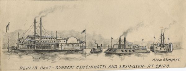 Four boats shown. One is a repair boat and the other two the gunboats "Cincinnatti" <i>[sic]</i> and "Lexington." There is a steamboat marked "Marie Denin" on the left.