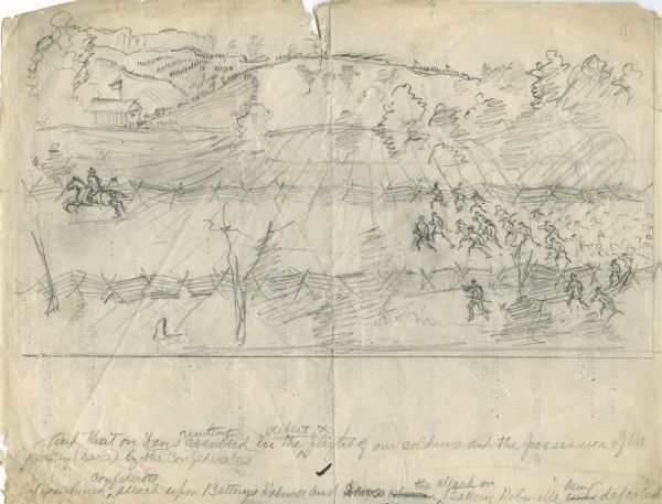 "Combined Confederate attack upon [Batteries] Robinette and Davis the attack on Battery Robinette being defeated and that on Davis resulting in the defeat and flight of our Soldiers and the possession of the Battery (Davis) by the Confederates." During the Battle of Corinth. Drawing includes a rural landscape with one man on a horse followed by a group of soldiers running behind.