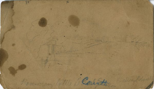An image from a sketchbook of the "[William Stark Rosencrans'] battle at Corinth." Corinth, Mississippi, May 22-30.