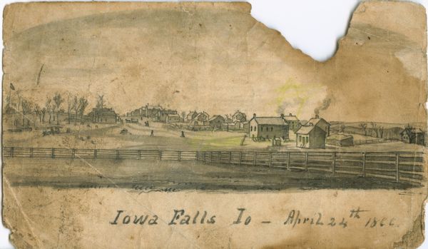 An image from a sketchbook of the town of Iowa Falls. There is a fence in the foreground and buildings in the background.