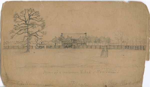 Home of Notorious Rebel — E.L. Newsome (located in New Madrid, Missouri). There is a farmstead with a man and woman in the foreground, a fence in the middle ground and farm buildings in the background.