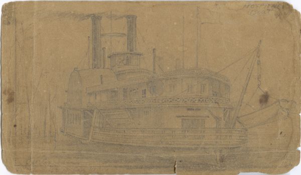 An image from a sketchbook showing a hospital boat (possibly steamboat).