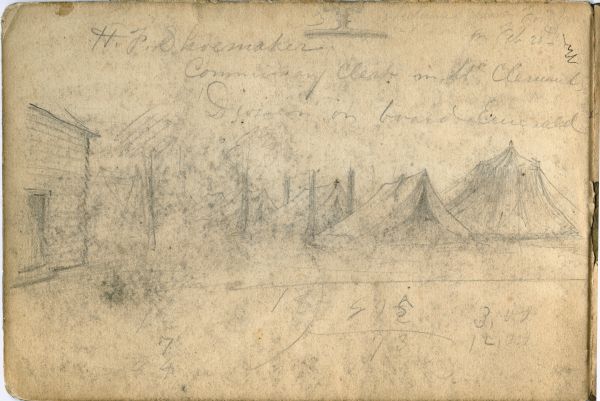 An image from a sketchbook (the cover) with a campsite for soldiers. There are tents among the trees and a brick building off to the side.