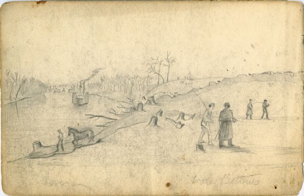 People engaged in various activities along the bank of the Mississippi River. There are both men and women and a horse next to the river edge. Trees are cut down, leaving stumps behind. In the background there is a boat.