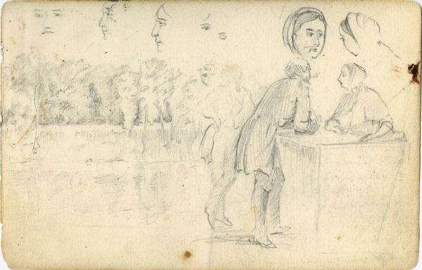 Multiple sketches — a man and a woman leaning on a table; close-ups of the woman; trees along a river.