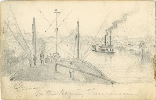 "Scene on the Raging Tennessee" River. Preliminary sketch of a ship going down the Tennessee River from the vantage point of the deck of the ship. There is another steamboat passing on the starboard side.