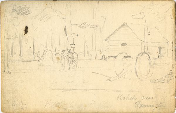 "Battery G, 1st Ohio Pickets near Farmington". A picket (a detachment of one or more troops) shown in a woodland setting. There is a log building with a cannon in the foreground with several soldiers milling around.