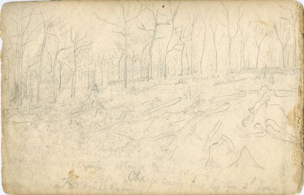 Preliminary sketch of a battlefield with trees and human outlines.