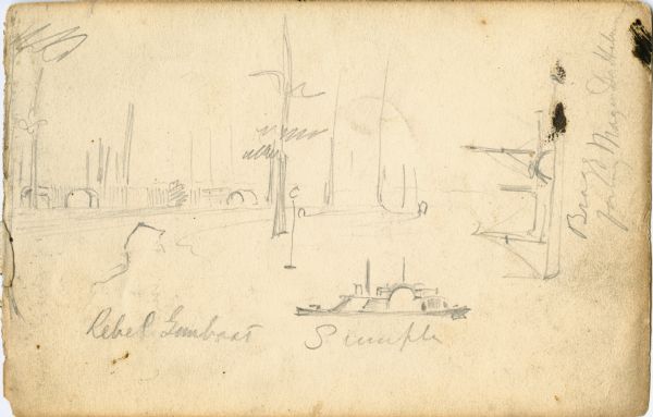 Rough sketch of a "Rebel Gunboat" and trees in the background.