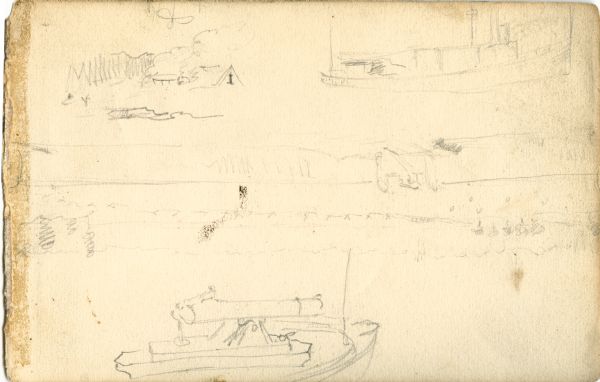 Various small rough sketches of several boats and a vague image with a tent and trees.