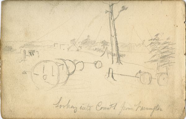 A preliminary sketch of a landscape with partially drawn cannons in the foreground and tents in the background.