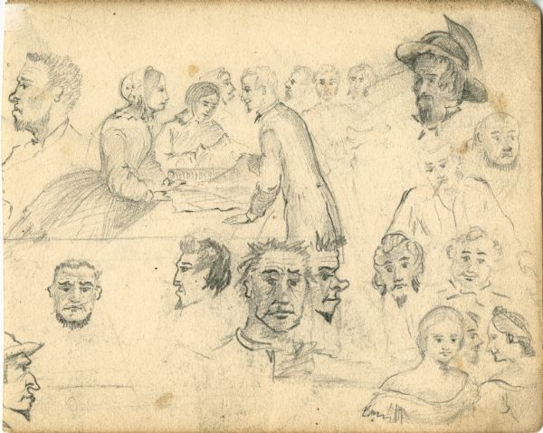 Various sketches of people's faces.