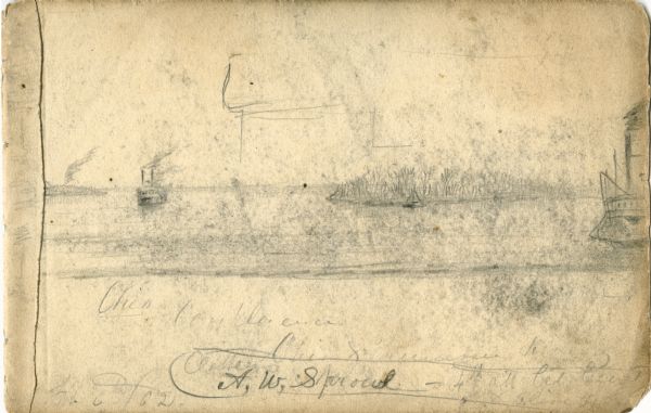 Preliminary sketch of a distant ship on the river near an outcropping of land.