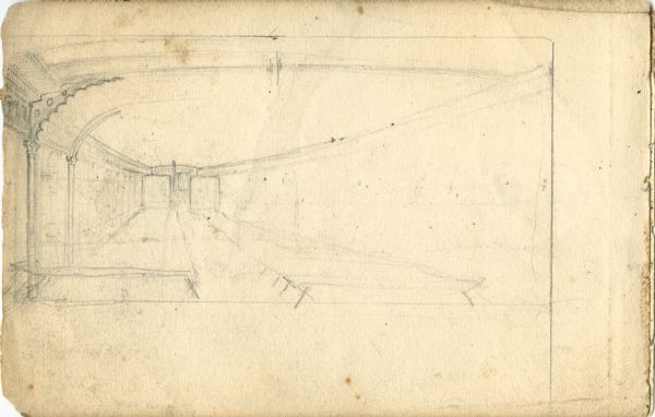 An interior sketch, possibly of a hospital, with bunks lined up.