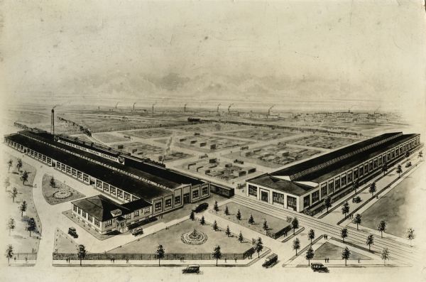 Bird's-eye view of the Winther Motor and Truck Company factory and grounds.