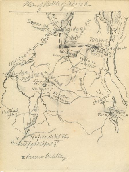 A hand-drawn map of the Battle of Shiloh, Pittsburg Landing, Tennessee. Additional Notes include "Reserve Artillery," "Hospital," "Owl Creek," and "Snake Creek," among others.