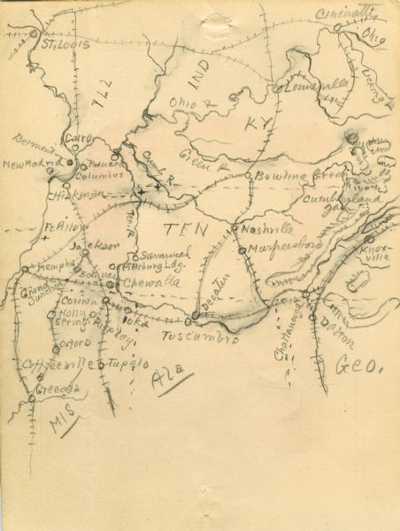 A hand-drawn map of Tennessee and surrounding states. Some cities located include: St. Louis, Louisville, Cinncinati, Nashville, Murfreesboro, Knoxville, Tupelo, Columbus, Cairo (Illinois), among others. Some rivers are located on the map, as well.