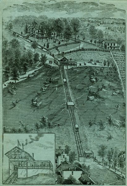An engraving based on a drawing by Alexander Simplot. The image shows a very detailed aerial view of a hillside with a tramway traversing the side. There are forested areas and pastoral areas. There are town buildings and a few other buildings with people scattered throughout. There is an inset image of an open air shelter (through which the tram runs).