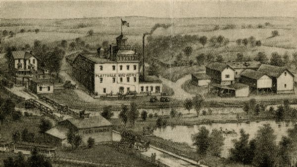 An engraving based on a drawing by Alexander Simplot of the Platteville Brewery (spelled Plattville). It is an elevated perspective showing the main building surrounded by various other buildings in a somewhat pastoral setting.
