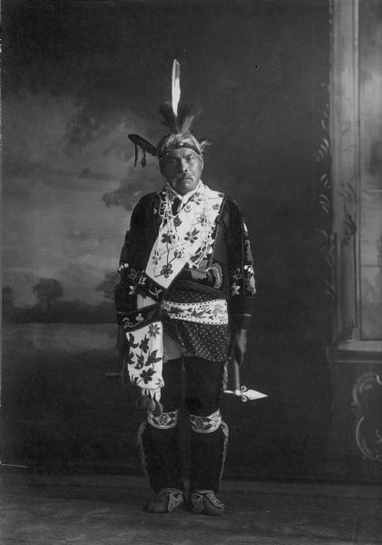 Chief Simon Kaquados of the Potawatomi, wearing full war council regalia.