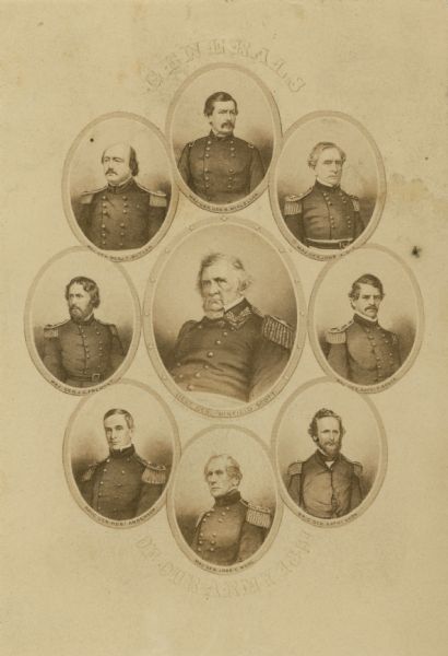 "Generals of our Army, 1861", with Union generals: Lt. General Winfield Scott, Maj. General George B. McClellan, Maj. General John A. Dix, Maj. General Nathanial P. Banks, Brig. General Nathaniel Lyon, Maj. General John E. Wool, Maj. General Robert Anderson, Maj. General J.C. Fremont, and Maj. General Benjamin Butler.
