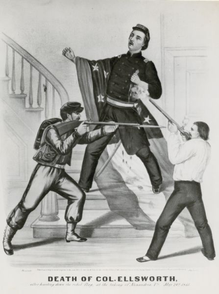 An artist's representation of the death of Colonel Elmer Ellsworth at the Marshall House, the first casualty of the Civil War. Lieutenant Francis Brownell (left) won the Medal of Honor for slaying Colonel Ellsworth's assassin.