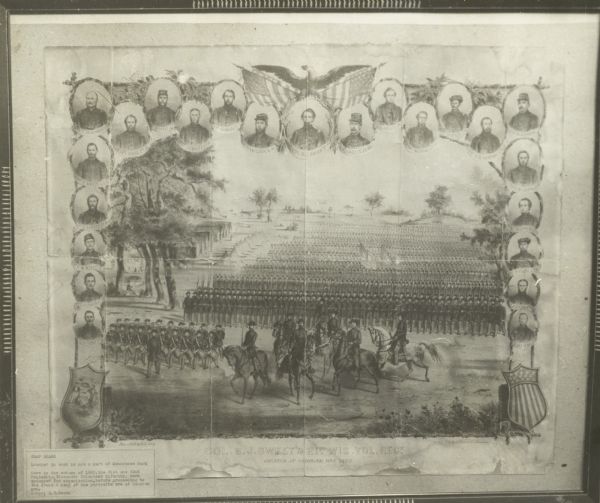 "Colonel B.J. Sweet's 21st Wisconsin Volunteer Regiments." Lithograph of the 21st Regiment Wisconsin Volunteer Infantry, on Parade at Camp Bragg (now Menominee Park, Oshkosh).