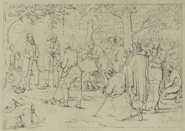 A drawing of a prayer meeting at General Stonewall Jackson's camp, from Confederate War Etchings by A. Volck.