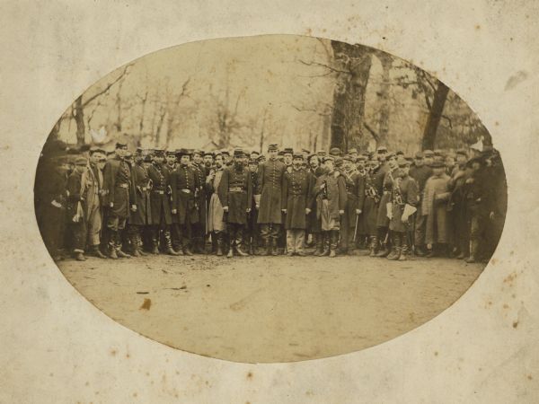 Large group of Union soldiers, possibly including Lieutenant D.G. Hudson, at Camp Douglas in Chicago, Illinois.