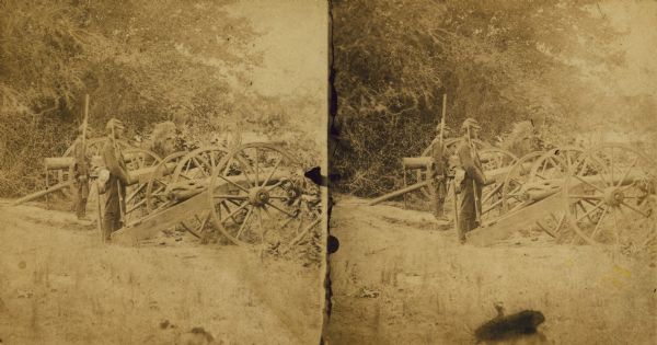 Stereograph of a mock battery erected by the 79h New York Volunteer Artillery at Seabrook Point, Coosaw River.