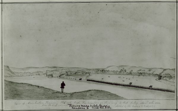 Watercolor view of Manhattan, Kansas, from the bluff westward.  The watercolor portrays the 12th Wisconsin Volunteers on their way to Fort Riley, on April 24th, 1862.  Watercolor created by John Gaddis of the 12th Wisconsin Volunteers Company E.