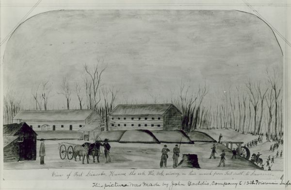 Fort Lincoln, Kansas, when the 12th Wisconsin Volunteers arrived on their march from Fort Scott to Lawrence. A watercolor by John Gaddis of Company E.