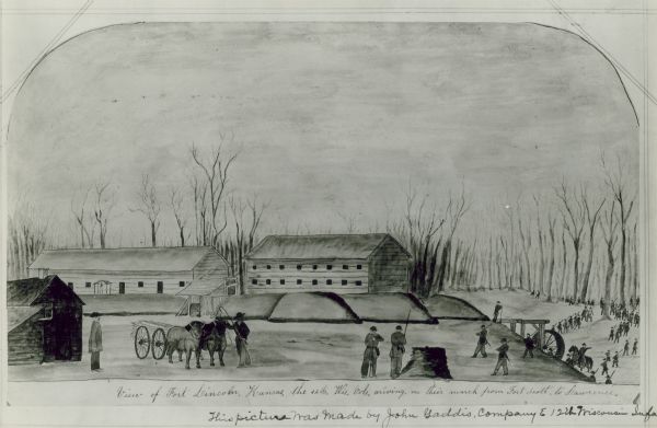 Fort Lincoln, Kansas, when the 12th Wisconsin Volunteers arrived on their march from Fort Scott to Lawrence.  A watercolor by John Gaddis of Company E.