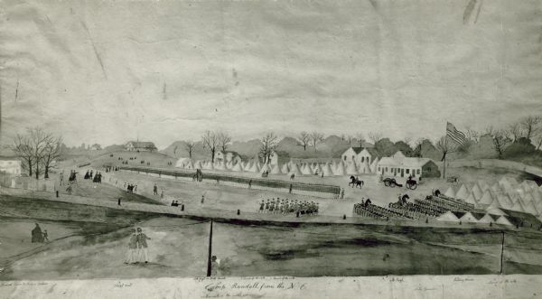 Photograph of a watercolor of a view of Camp Randall, from the northeast. Scene set on rolling hills, shows tents, buildings, horses and military members in formation. Numbered captions at bottom read, from left: "Guard house & Picture Galeries", "8 Floral Hall", "2 12th Regt. on Drefs Parade", "10 Barracks on the north side", "3 Camp of the 12th", "4 Band of the 12th", "5 16th Regt", "7 Cols. Quarters", "6 Eating House", "9 Camp of the 16th".