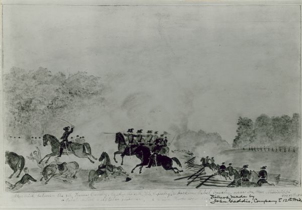 Watercolor of a skirmish between the 7th Kansas Cavalry, Company A of the 12th Wisconsin Infantry, & Jackson's Rebel Cavalry near Lamar, Mississippi.