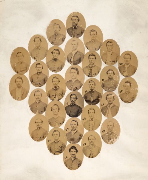 Composite of oval-shaped photographic portraits of Madison Zouaves, a Civil War unit from Madison, Wisconsin. Each portrait is numbered. Handwritten on back: "Number 16 is Robert B. Bird, son of Prosper Bird (who, with Augustus Bird were builders of first Madison capitol)."