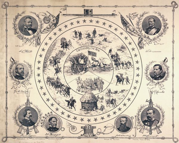 A lithograph of eight major generals of the Union with battle scenes decorating the center.