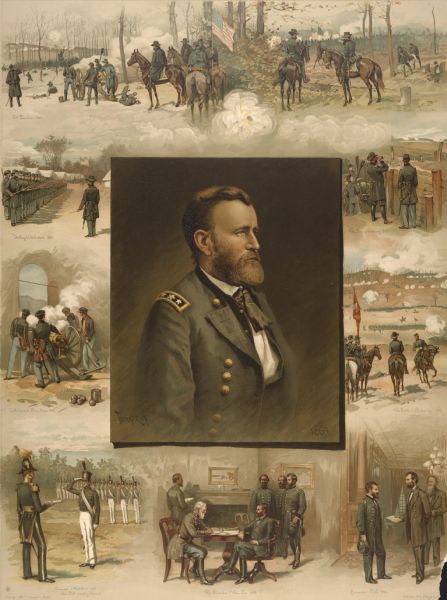 A portrait of General Grant surrounded with scenes of his life.