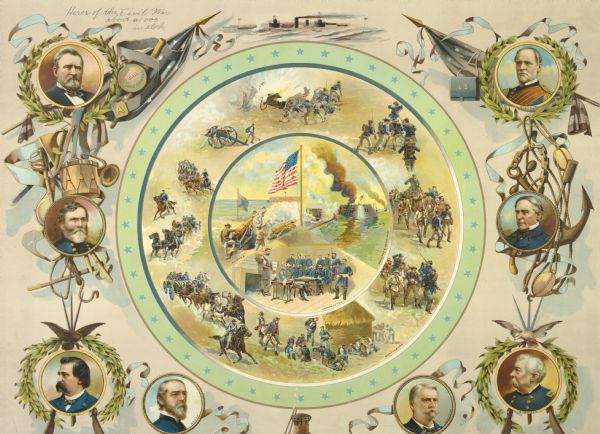 "Heroes of the Civil War". Engraving of eight Union leaders with decorative battlefield scenes.
